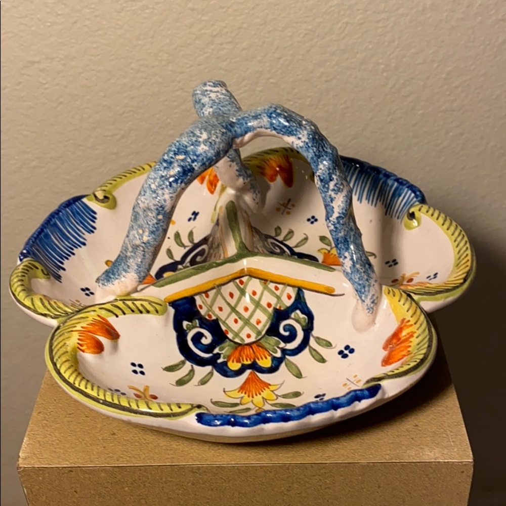 3 Section Divided Hand Painted French Pottery Bowl